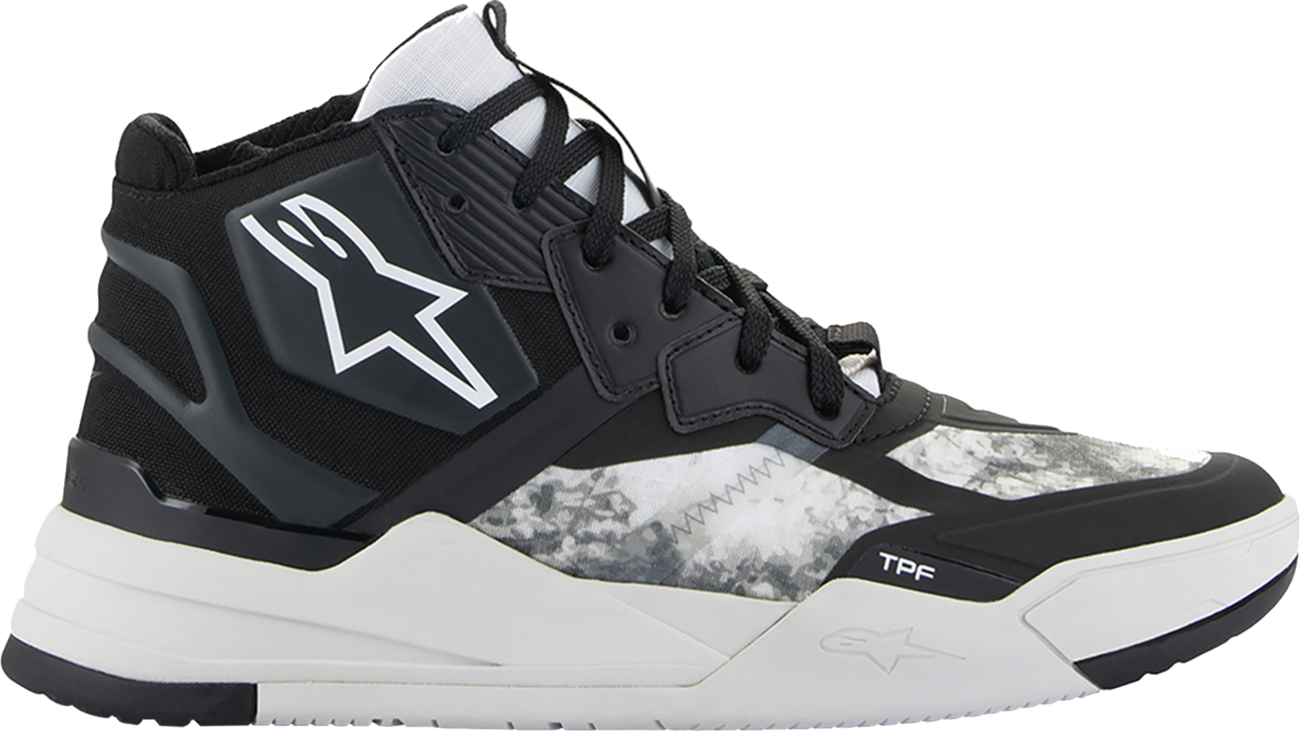 Alpinestars Speedflight men's riding shoes in black, gray, and white with sporty design and performance features.