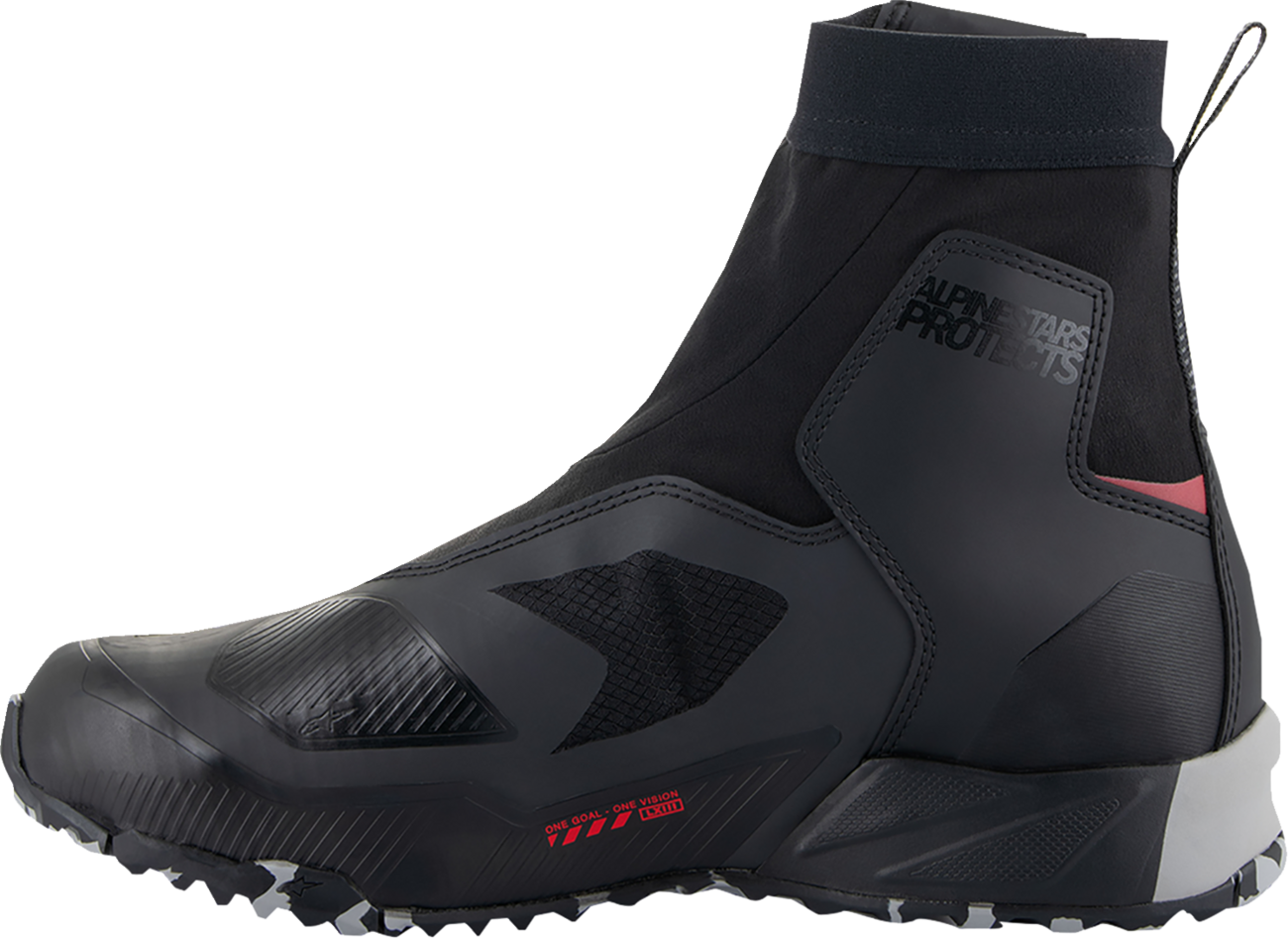 Alpinestars CR-8 Gore-Tex riding shoes in black, grey, and red with US 12.5 size, designed for motorcycle riding comfort and protection.