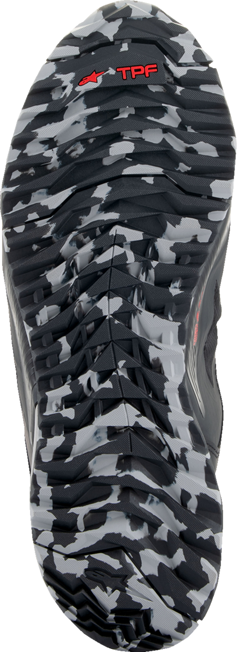 Alpinestars CR-8 Gore-Tex® riding shoes in black, grey, and red featuring waterproof Gore-Tex® membrane for touring comfort.