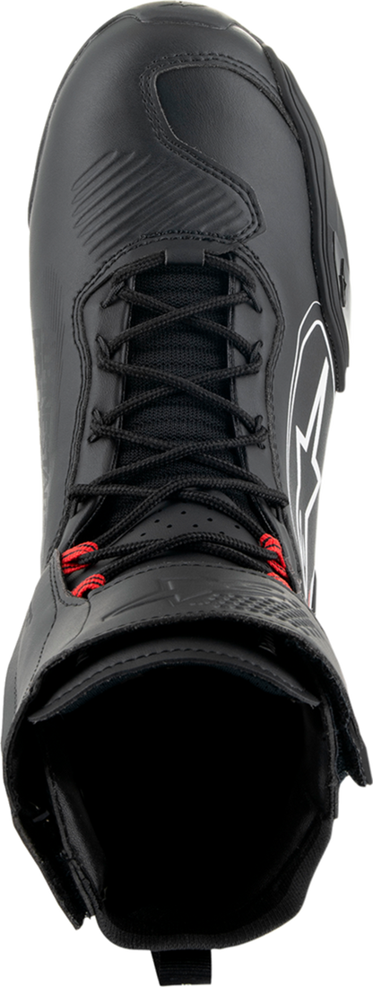 Alpinestars Superfaster motorcycle shoe in black, gray, and red with US size 8, featuring sporty design and protective details.