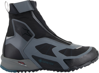 Alpinestars CR-8 Gore-Tex® riding shoes in black, grey, and blue with US 12 size, featuring durable motorcycle footwear design.