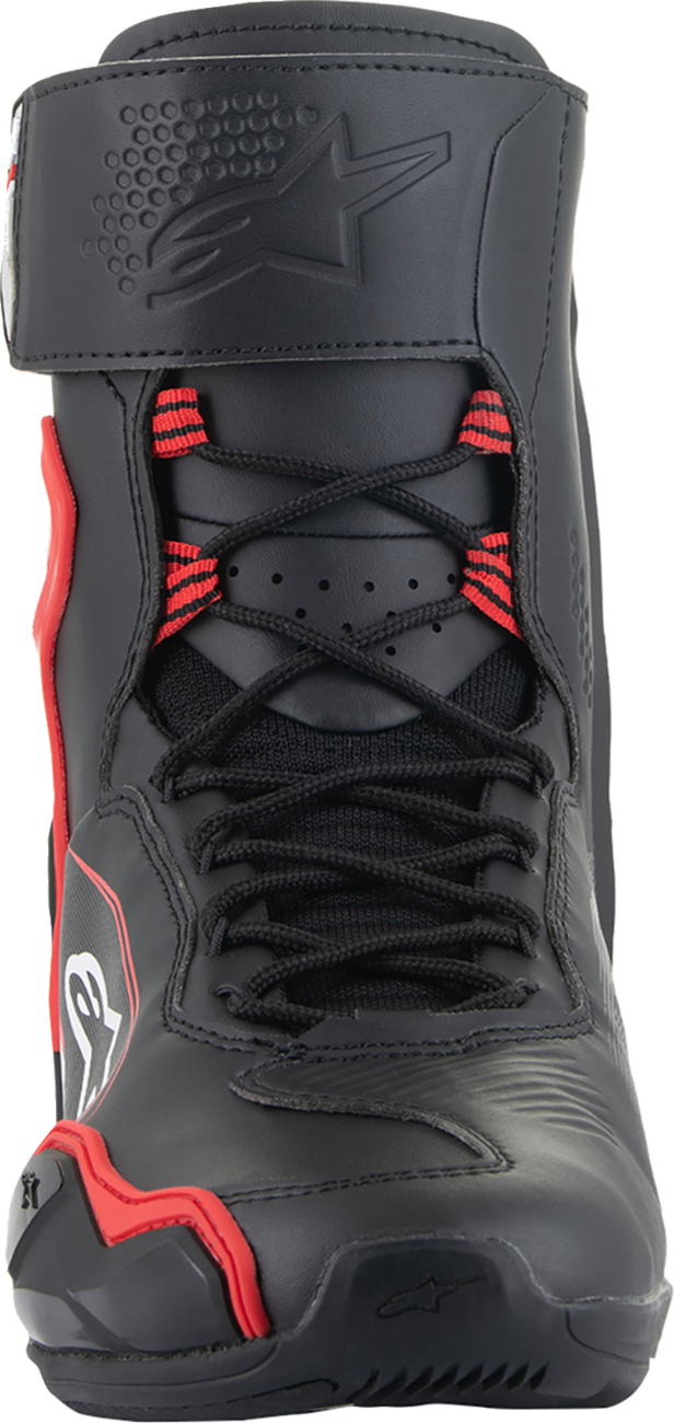 Alpinestars Superfaster motorcycle shoe in black, red, and white with US size 10.5, featuring sporty design and durable materials.