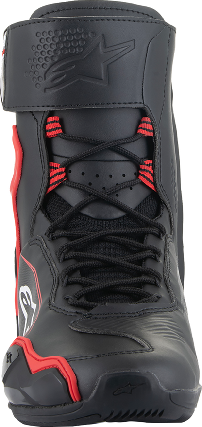 Alpinestars Superfaster motorcycle shoe in black, red, and white with US size 10.5, featuring sporty design and durable materials.