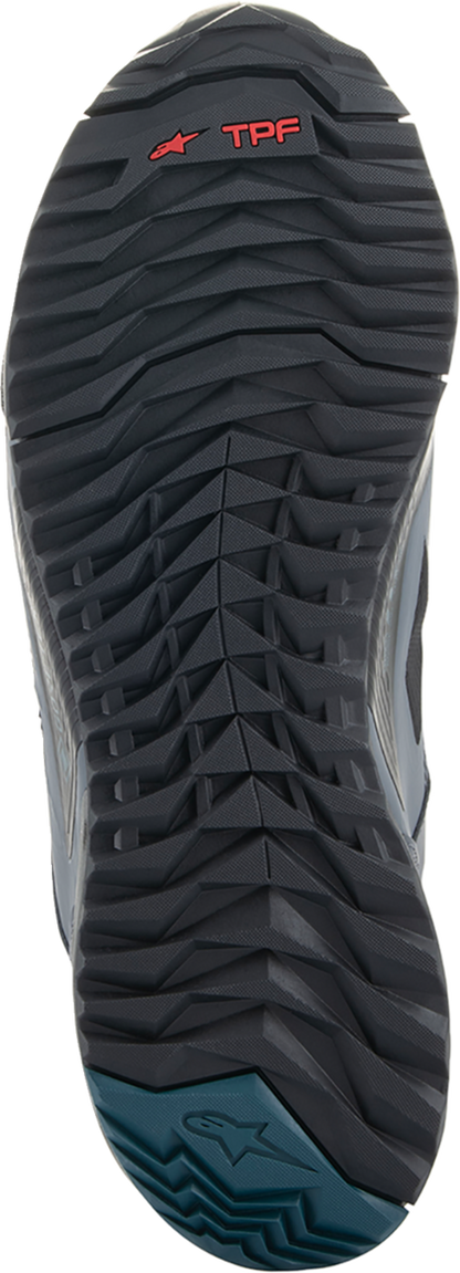 Alpinestars CR-8 Gore-Tex® riding shoes in black, grey, and blue, US 10.5 / EU 43.5, showing the sleek motorcycle footwear design.