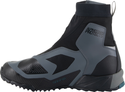 Alpinestars CR-8 Gore-Tex® riding shoes in black, grey, and blue with US 9.5 size, designed for motorcycle riding comfort and durability.