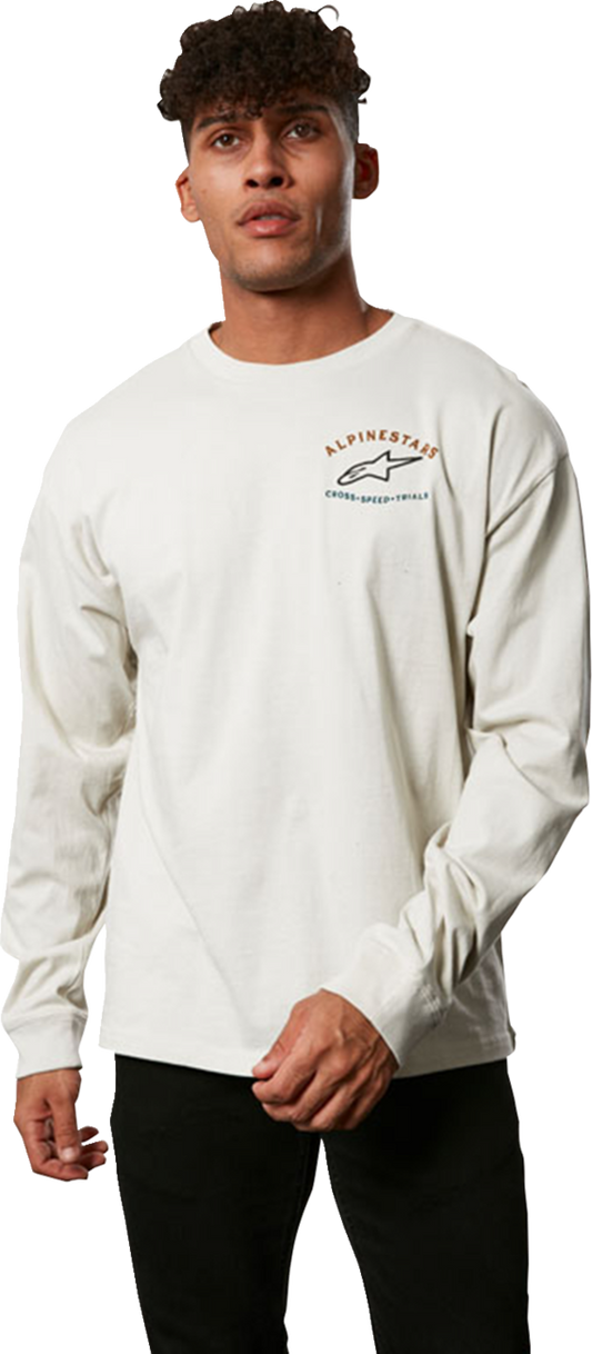 Alpinestars full face long-sleeve T-shirt in off-white, featuring brand logo and sleek design, casual apparel for motorcycle enthusiasts.