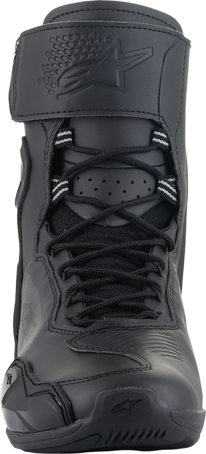 Alpinestars Superfaster Shoe in black, US size 9, showing the sleek design and durable material of this motorcycle footwear.