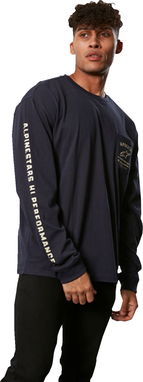 Alpinestars Rep long-sleeve cotton T-shirt in dark navy, size large, featuring the Alpinestars logo on the chest.
