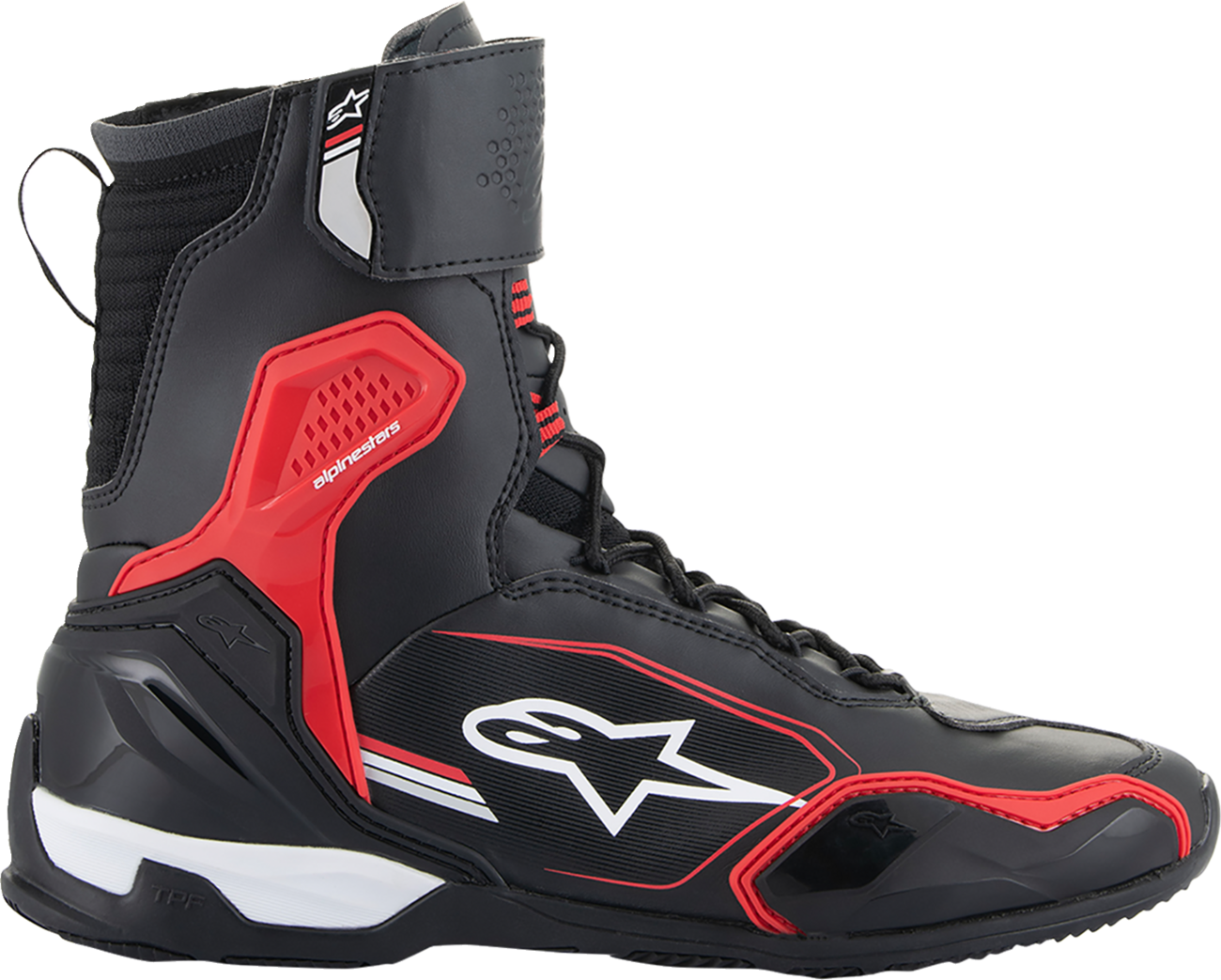 Alpinestars Superfaster motorcycle shoe in black, red, and white with US 10.5 size, featuring sporty design and durable materials.