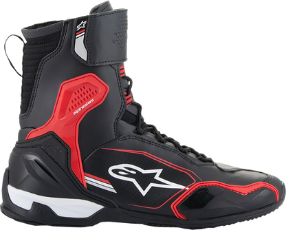 Alpinestars Superfaster motorcycle shoe in black, red, and white with US 10.5 size, featuring sporty design and durable materials.