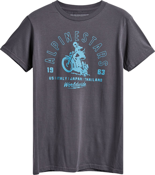 Alpinestars Sander T-Shirt in charcoal, medium size, 100% combed ring-spun cotton with vintage motorcycle graphic.