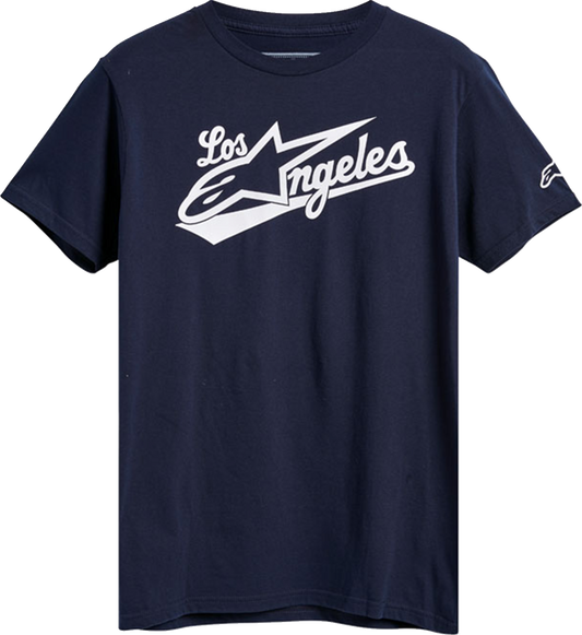 Alpinestars Los Angeles navy T-shirt in medium size with logo print, casual apparel for motorcycle enthusiasts.