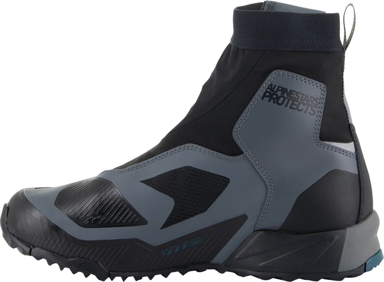 Alpinestars CR-8 Gore-Tex® riding shoes in black, grey, and blue, US 10.5 / EU 43.5, showing the sleek motorcycle footwear design.