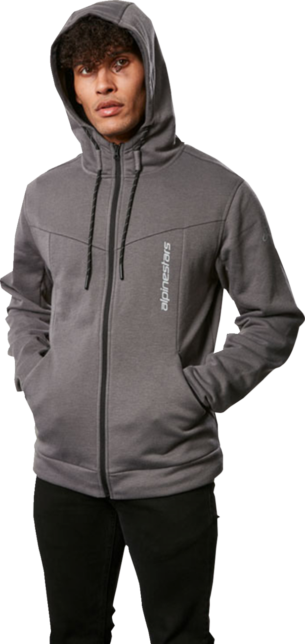 Alpinestars Era hoodie in dark gray, medium size, made from recycled polyester and cotton blend, casual front view.