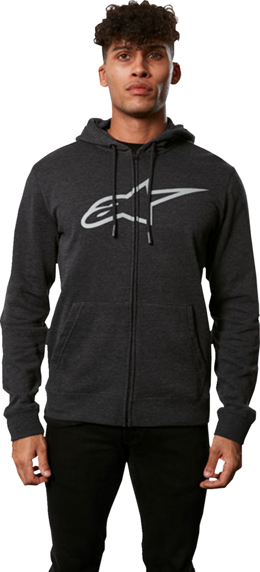 Alpinestars Ageless II Zip Hoodie 2XL in charcoal gray with printed logo and hidden coil zipper, casual sporty style.