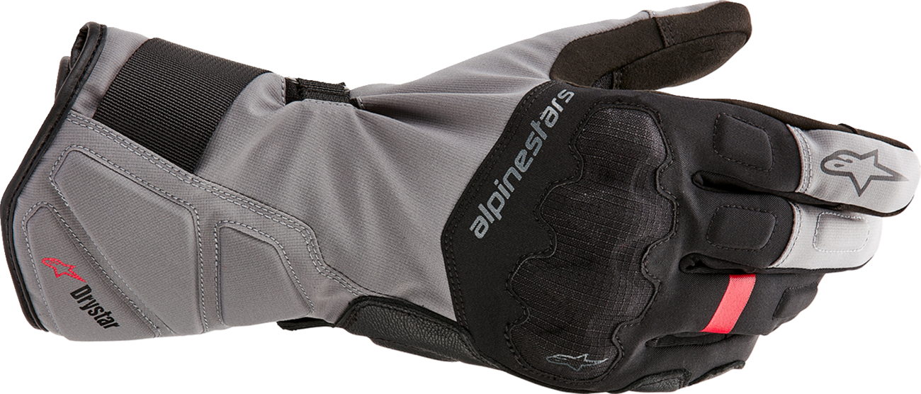 Alpinestars W-7 V2 Drystar winter motorcycle gloves in black and dark gray, medium size, with reinforced knuckles and textured palms.