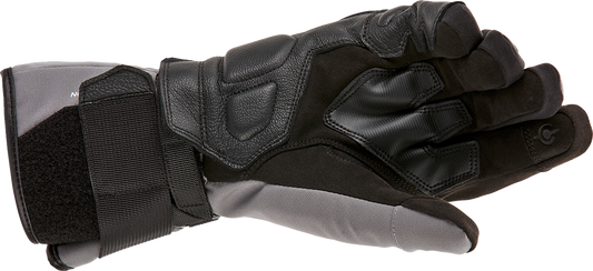 Alpinestars W-7 V2 Drystar winter motorcycle gloves in black and dark gray, medium size, showing reinforced palms and waterproof fabric.