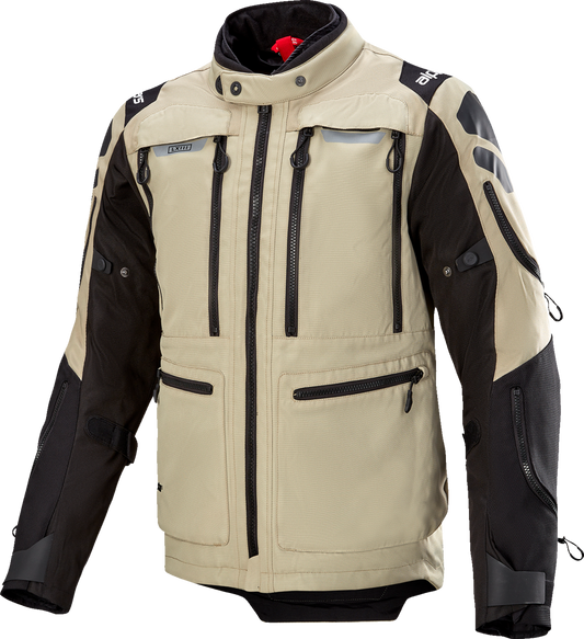 Alpinestars Ardent 3-in-1 adventure touring jacket in tan and black, large size, with multiple pockets and waterproof features.
