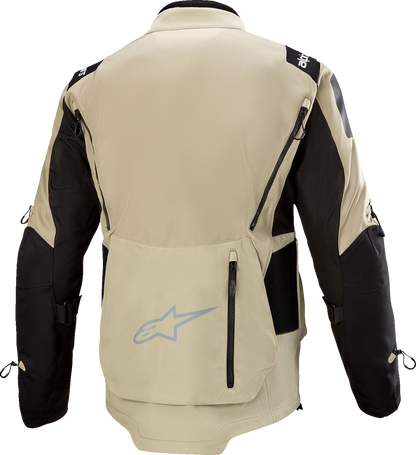 Alpinestars Ardent 3-in-1 adventure touring jacket in tan and black, large size, with visible zippers and adjustable features.