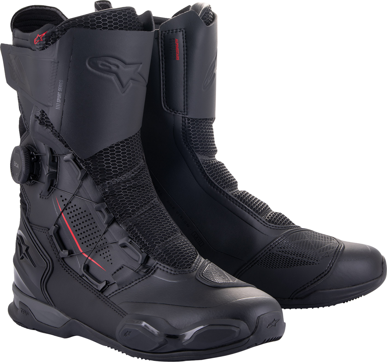 Black Alpinestars SP-X Boa motorcycle boots with reinforced soles and secure strap closures, size EU 42.