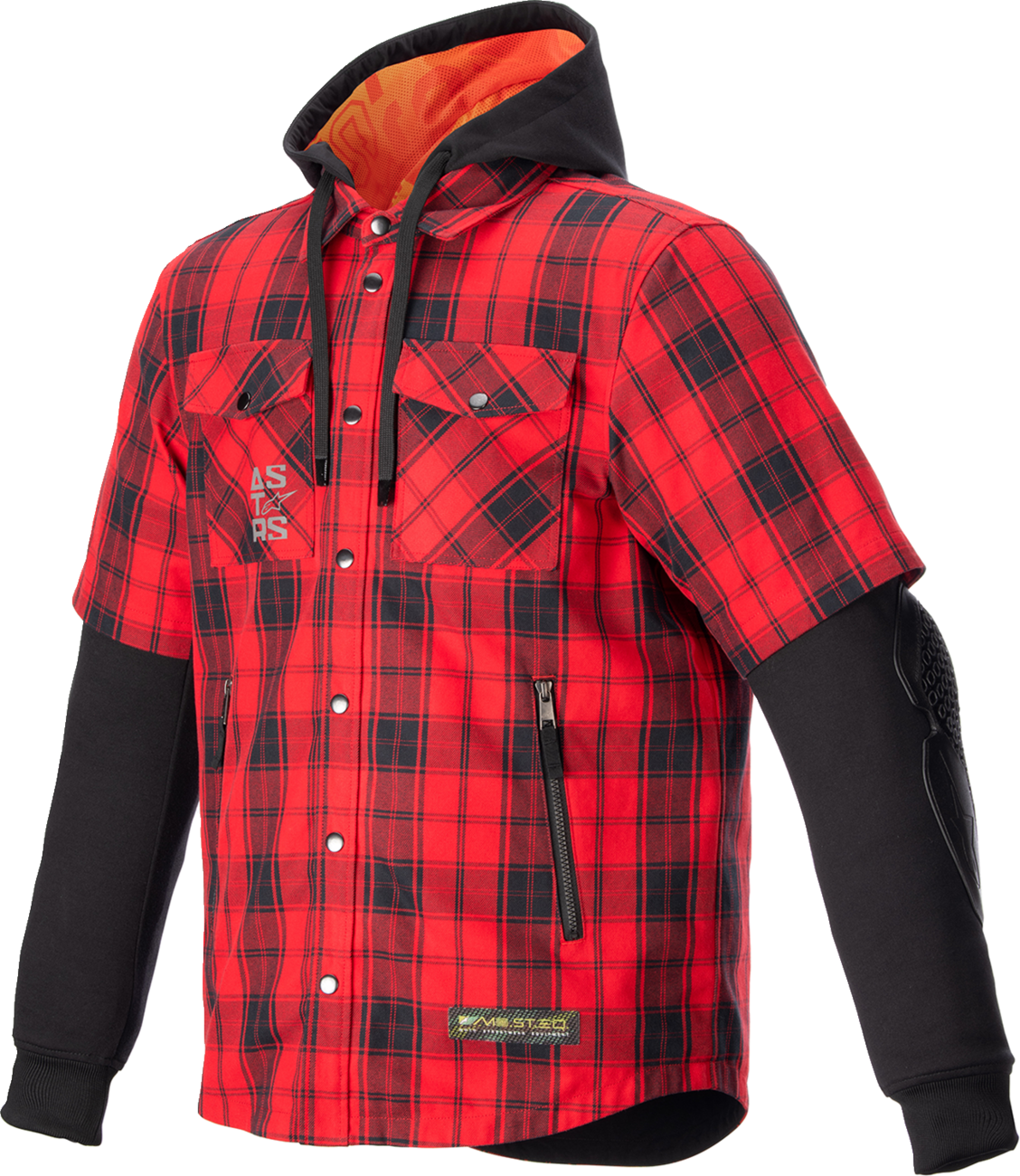 Alpinestars MO.ST.EQ Tartan jacket in red and black, medium size, featuring a stylish tartan pattern and sporty design.