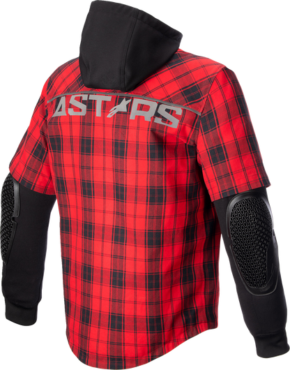 Alpinestars MO.ST.EQ Tartan jacket in red and black, medium size, featuring a stylish tartan pattern and sporty design.