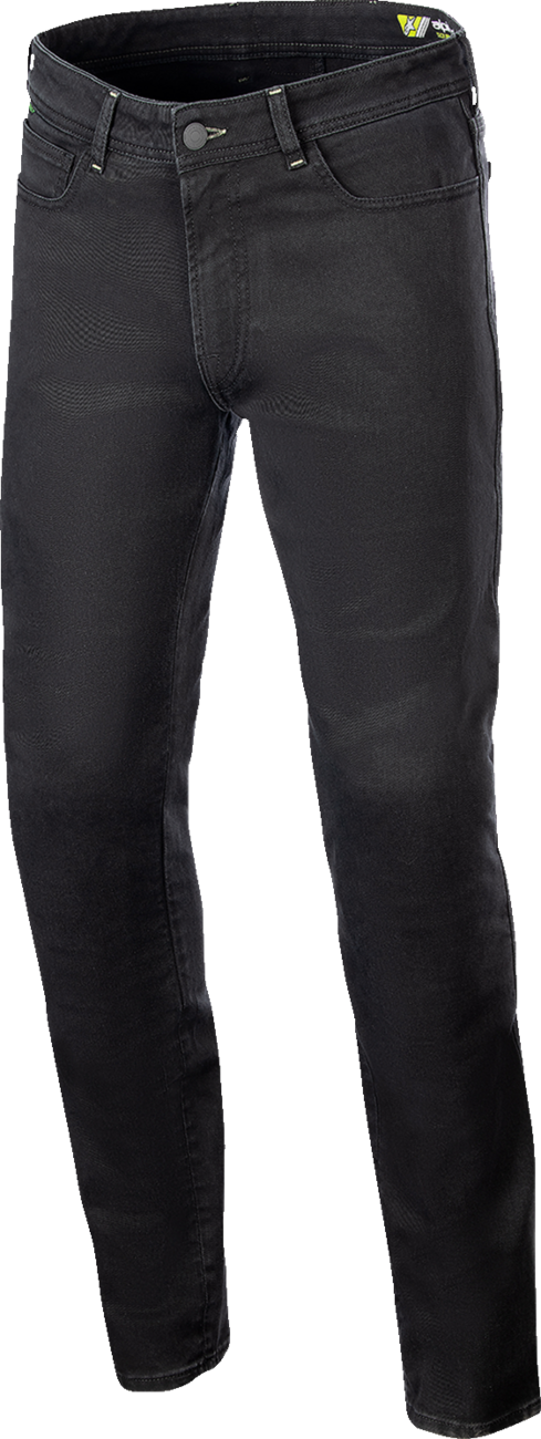 Alpinestars Copper V3 denim pants in black with US size 30, EU size 46, featuring a slim fit and durable denim fabric.