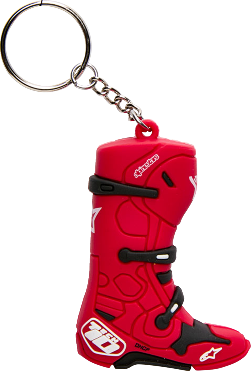 Red Alpinestars Tech 10 Boot keychain featuring detailed motorcycle boot design for fans of Alpinestars gear.