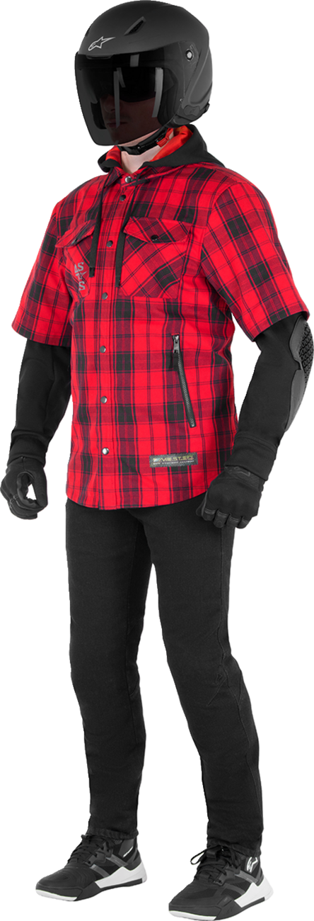 Alpinestars MO.ST.EQ Tartan Jacket in red and black, medium size, featuring stylish tartan pattern and sporty design.