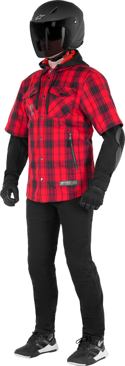 Alpinestars MO.ST.EQ Tartan Jacket in red and black, medium size, featuring stylish tartan pattern and sporty design.