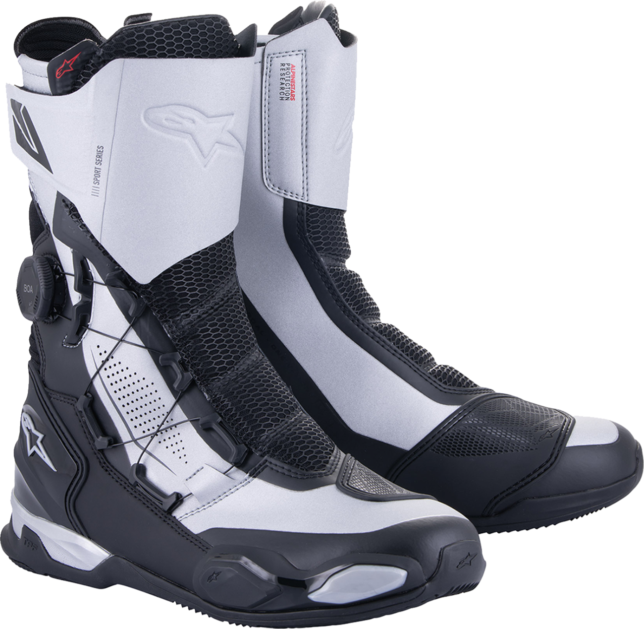 Alpinestars SP-X BOA motorcycle boots in black and silver, EU size 45, with secure closure system and protective design.