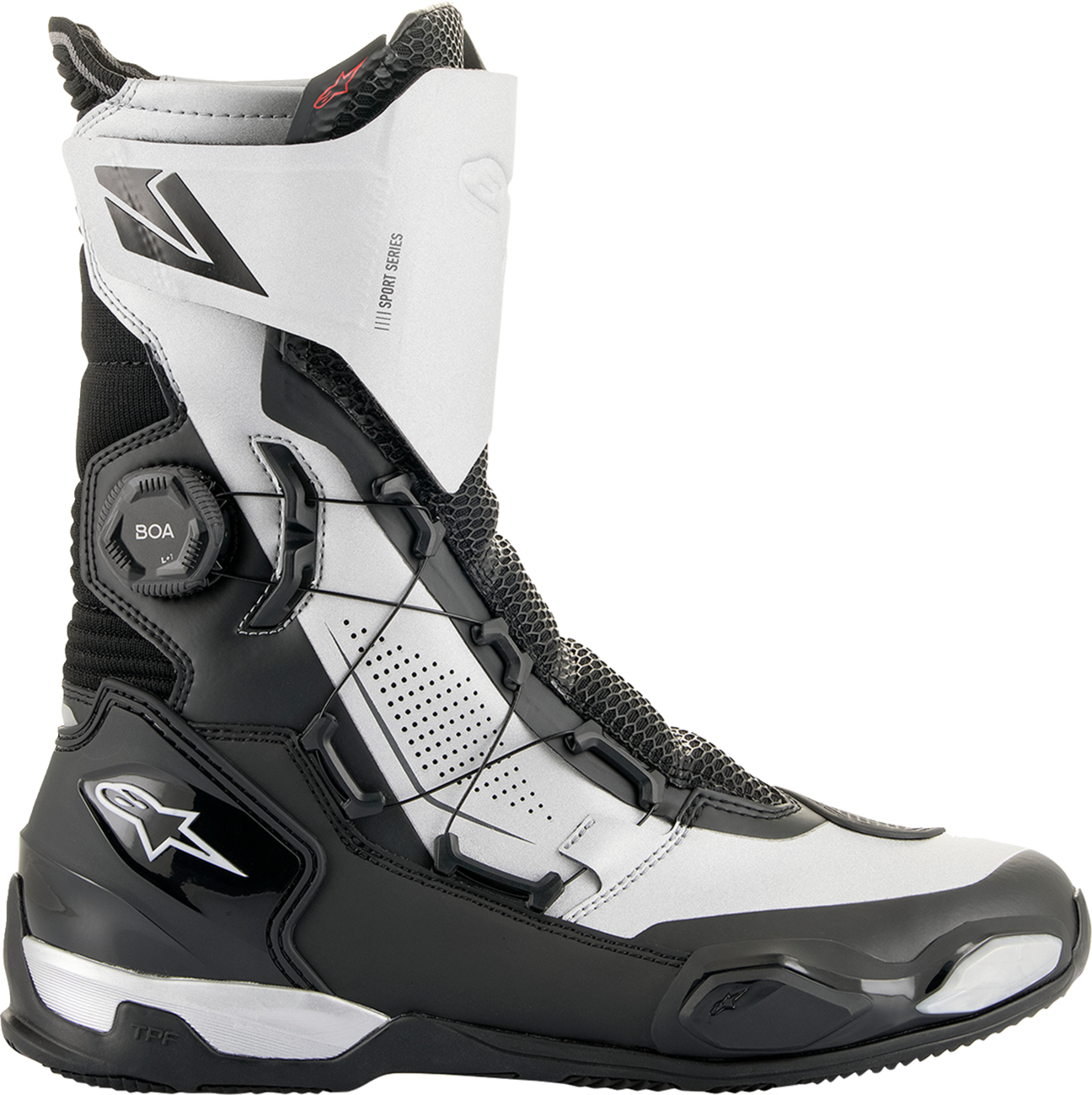 Alpinestars SP-X BOA motorcycle boots in black and silver, EU size 45, featuring durable material and secure fastening system.