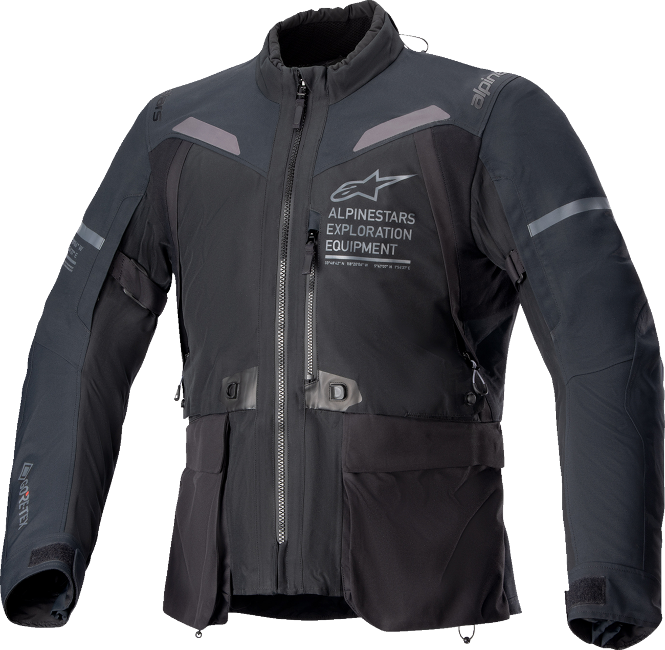 Alpinestars ST-7 2L Gore-Tex motorcycle jacket in black and dark gray, 2XL size, with visible waterproof fabric and protective features.
