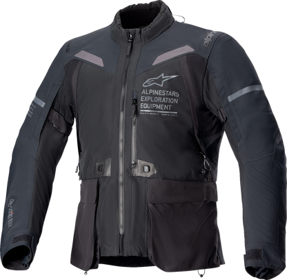 Alpinestars ST-7 2L Gore-Tex motorcycle jacket in black and dark gray, 2XL size, with visible waterproof fabric and protective features.