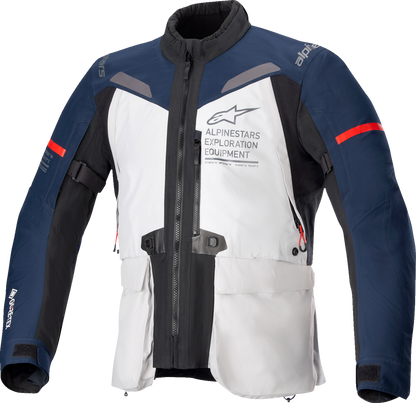 Alpinestars ST-7 2-Layer Gore-Tex motorcycle jacket in ice gray, dark blue, and black, size 4XL, with reflective details