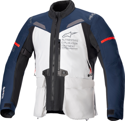 Alpinestars ST-7 2L Gore-Tex motorcycle jacket in Ice Gray, Dark Blue, and Black, shown in small size.