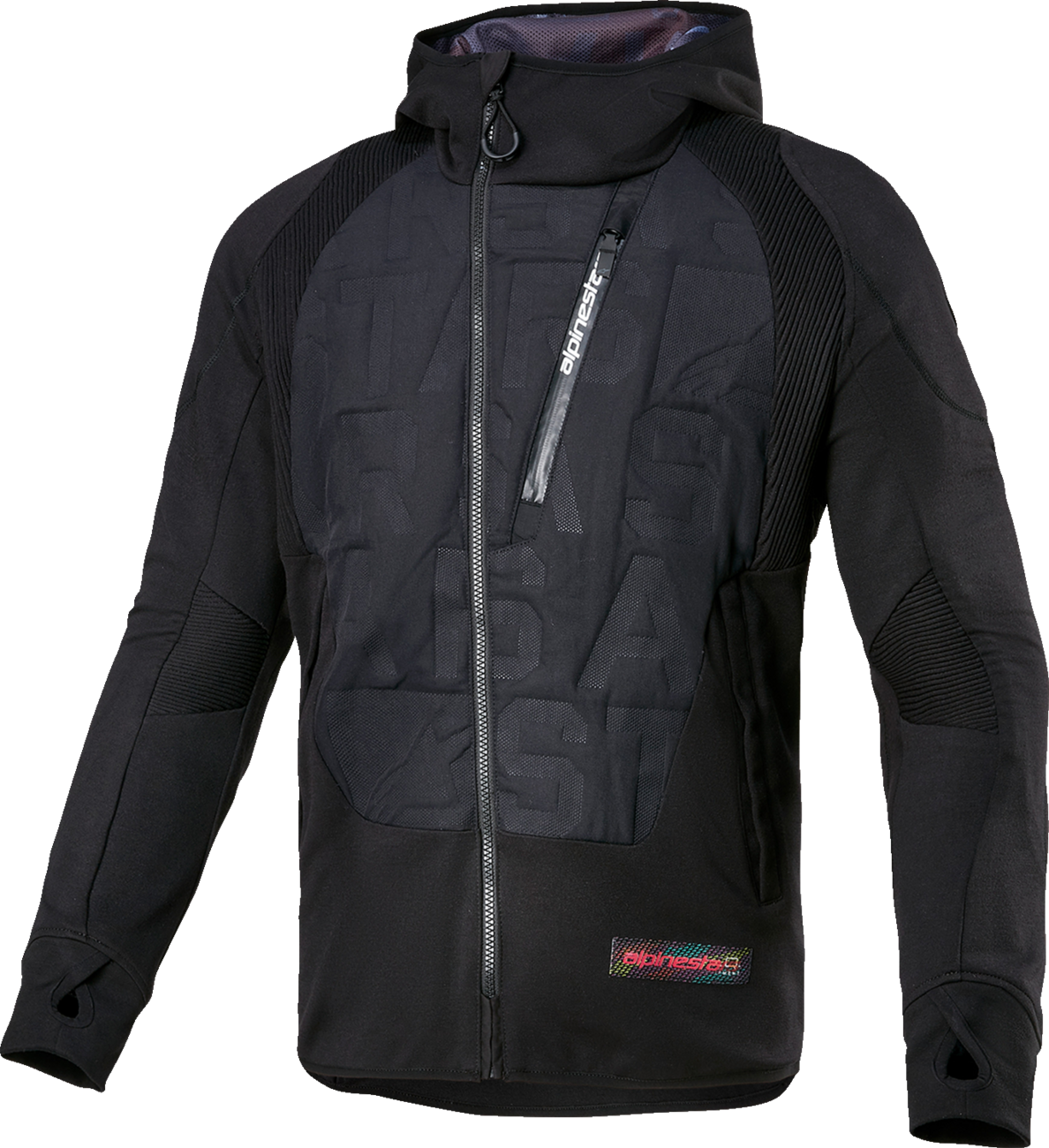 Alpinestars MSE Hybrid Hooded Jacket in black with Level 1 Nucleon Flex Plus armor, featuring a streetwear style and motorcycle protection.