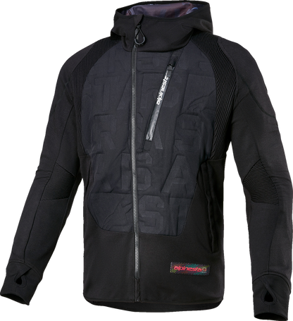 Alpinestars MSE Hybrid Hooded Jacket in black with Level 1 Nucleon Flex Plus armor, featuring a streetwear style and motorcycle protection.