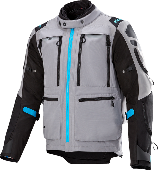 Alpinestars Ardent 3-in-1 adventure touring jacket in gray, black, and blue, showing the jacket's front view with multiple layers.