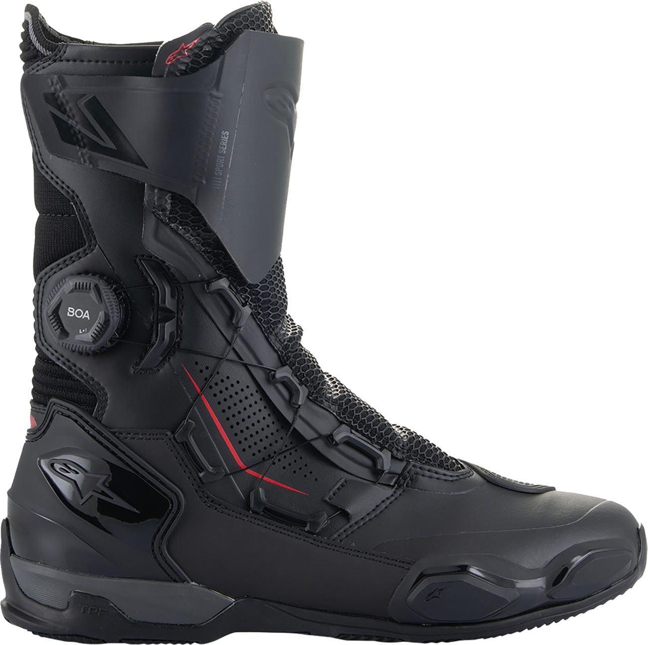 Alpinestars SP-X Boa Boots in black, EU size 42, featuring a sleek design with protective features and adjustable Boa lacing system.