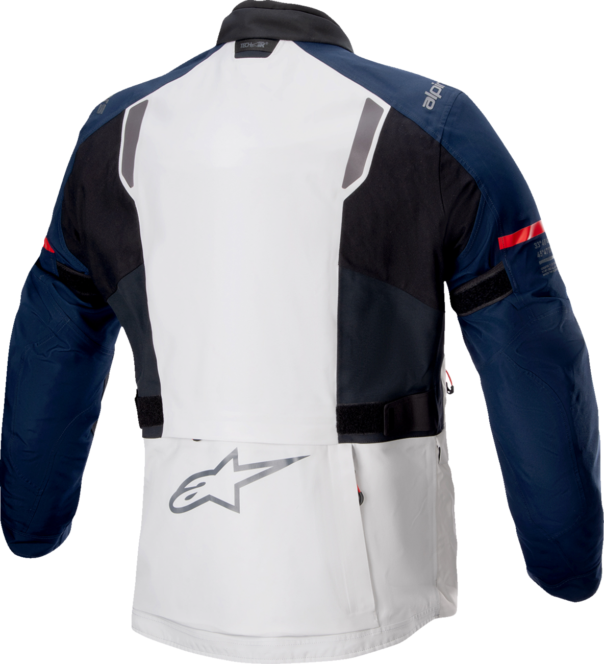 Alpinestars ST-7 2-Layer Gore-Tex motorcycle jacket in ice gray, dark blue, and black, size 4XL, with protective armor and waterproof fabric.