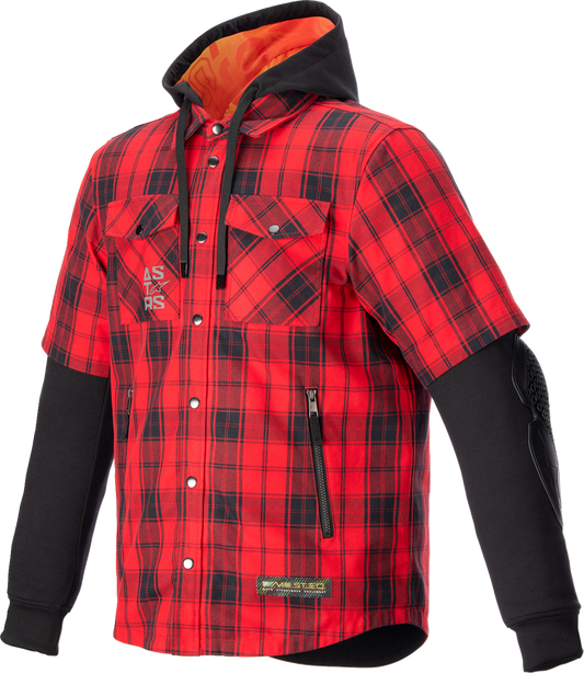 Alpinestars MO.ST.EQ Tartan Jacket in red and black, small size, featuring a stylish, sporty design with multiple pockets.