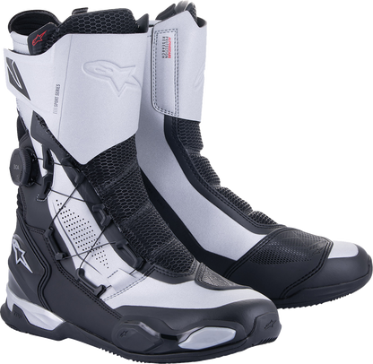 Alpinestars SP-X BOA motorcycle boots in black and silver, EU Size 39, featuring secure BOA lacing system and durable design.