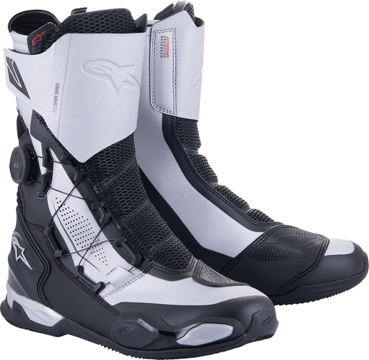 Alpinestars SP-X BOA motorcycle boots in black and silver, EU Size 39, featuring secure BOA lacing system and durable design.
