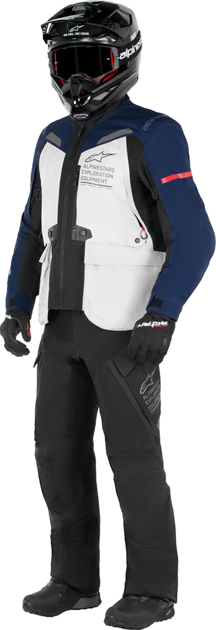 Alpinestars ST-7 2L Gore-Tex motorcycle jacket in ice gray, dark blue, and black, showing front view with protective design details.