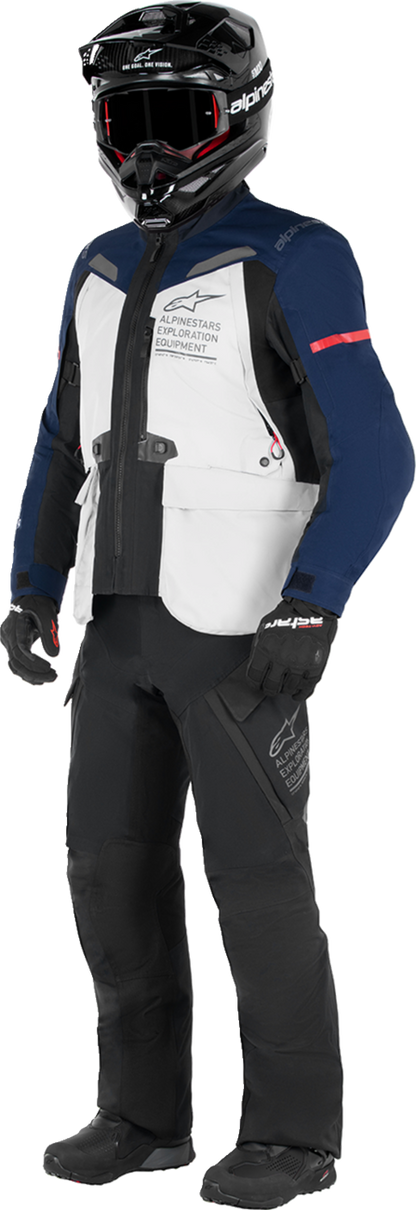 Alpinestars ST-7 2L Gore-Tex motorcycle jacket in ice gray, dark blue, and black, showing front view with protective design details.