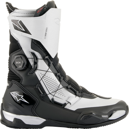 Alpinestars SP-X BOA motorcycle boots in black and silver, EU size 39, with protective design and adjustable fastenings.