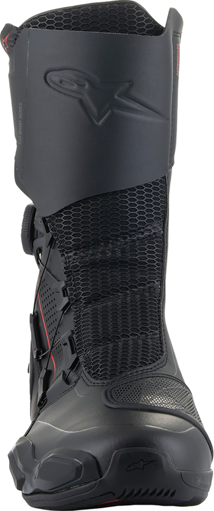 Alpinestars SP-X BOA motorcycle boots in black with advanced protection and comfort, EU size 45, showing the secure BOA dial system.