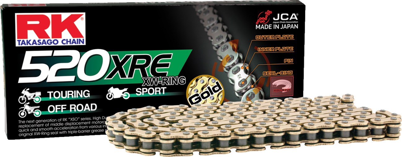 RK 520 XRE Drive Chain with 116 links in gold for mid-size motorcycles, showing the chain’s detailed links and gold finish.