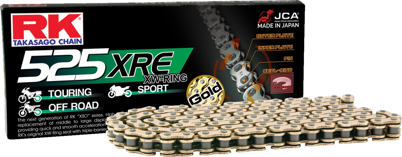 Gold RK 525 XRE drive chain with 122 links, suitable for motorcycle or dirt bike, displayed in a close-up image.